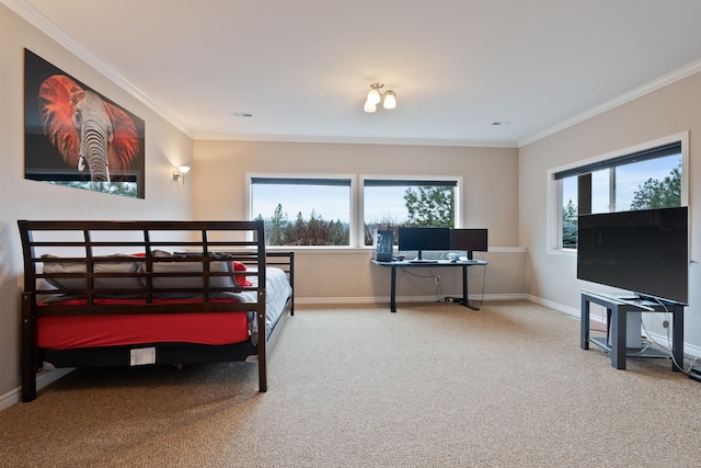carpeted bedroom featuring baseboards, multiple windows, and ornamental molding