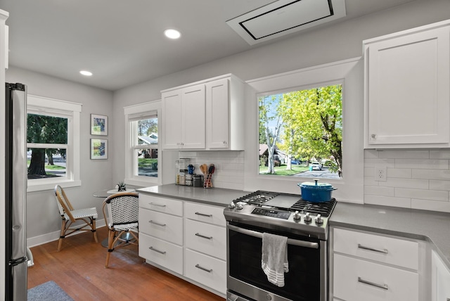 kitchen with recessed lighting, wood finished floors, tasteful backsplash, and stainless steel appliances
