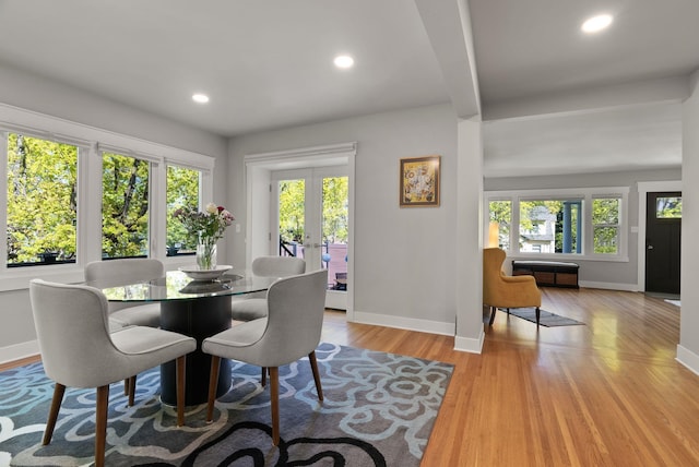 dining space with baseboards, french doors, light wood finished floors, and a wealth of natural light