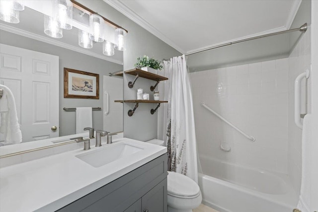 bathroom featuring crown molding, toilet, shower / bathtub combination with curtain, and vanity