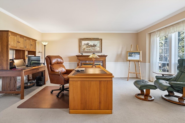 home office with crown molding and light carpet
