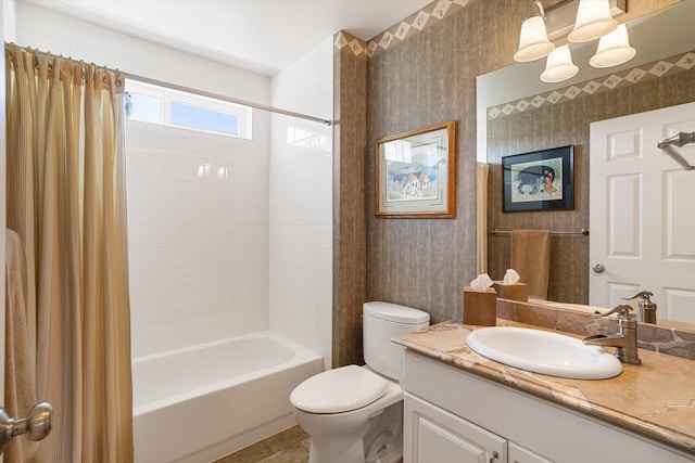 bathroom with shower / bath combo, vanity, toilet, tile patterned floors, and wallpapered walls