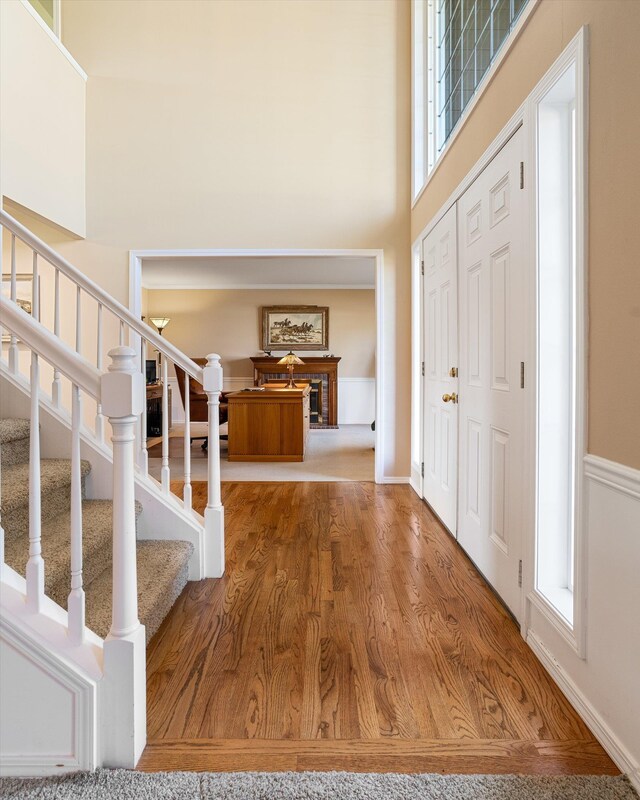 entrance foyer featuring a high ceiling, wood finished floors, and stairway