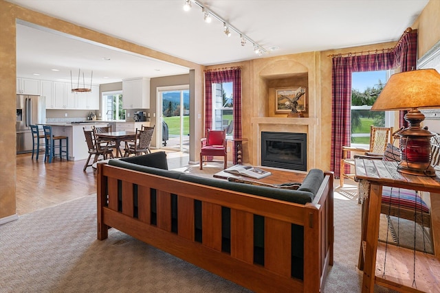 living room featuring rail lighting, a glass covered fireplace, light carpet, and light wood-style flooring
