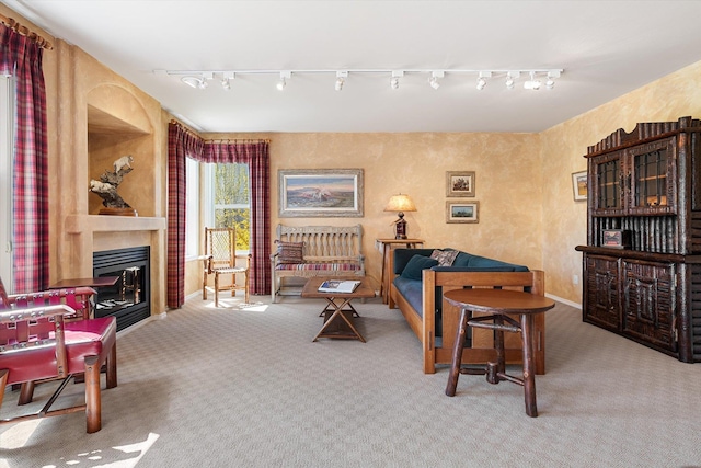 carpeted living room with baseboards, a glass covered fireplace, and track lighting
