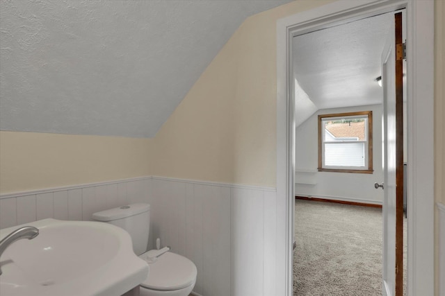 bathroom featuring wainscoting, toilet, a textured ceiling, a sink, and vaulted ceiling