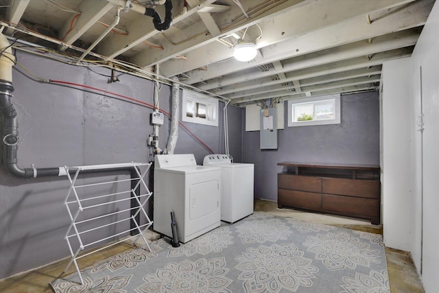 below grade area with electric panel and washing machine and clothes dryer