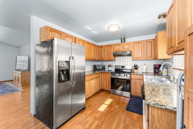 kitchen with under cabinet range hood, appliances with stainless steel finishes, a sink, and light wood-style floors