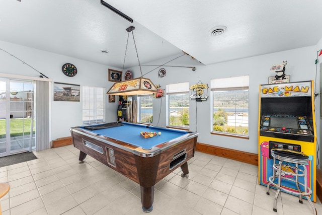 playroom with plenty of natural light, pool table, baseboards, and visible vents
