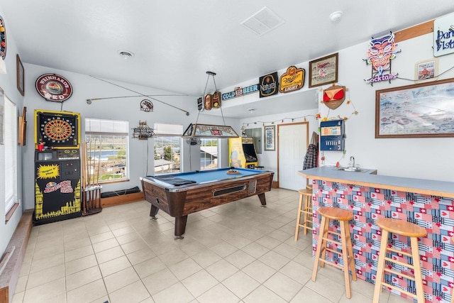 playroom featuring indoor bar, pool table, visible vents, and tile patterned floors
