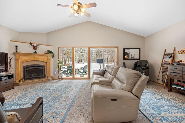 815 E Shelter Ln, Deer Park, WA 99006 - carpeted living area featuring ceiling fan, lofted ceiling, and a tile fireplace