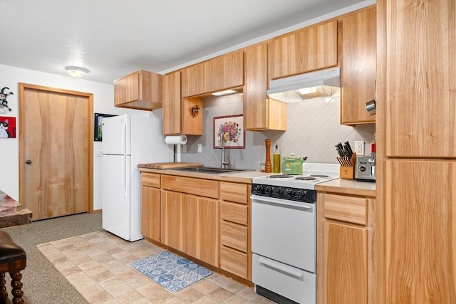 815 E Shelter Ln, Deer Park, WA 99006 - kitchen featuring under cabinet range hood, white appliances, a sink, light countertops, and backsplash