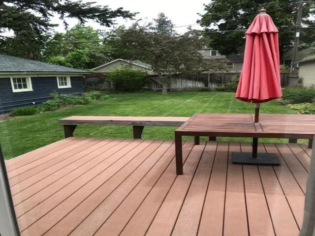 deck with a fenced backyard and a yard