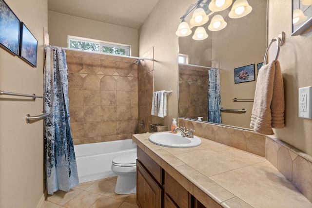 bathroom with tile patterned flooring, shower / bathtub combination with curtain, toilet, and vanity