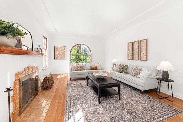 living area featuring baseboards, a glass covered fireplace, and light wood-style flooring