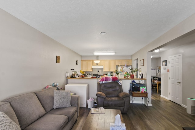 living room featuring a textured ceiling, baseboards, and dark wood-type flooring
