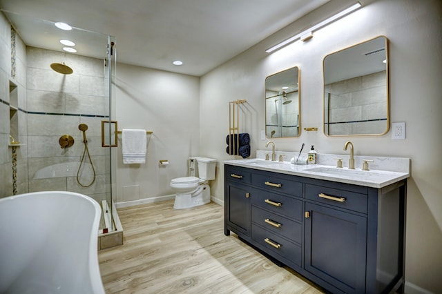 bathroom featuring wood finished floors, a sink, a stall shower, and toilet