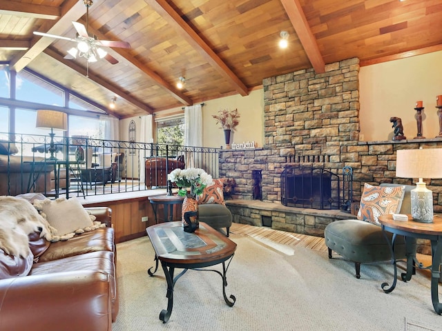 living room featuring carpet flooring and wooden ceiling