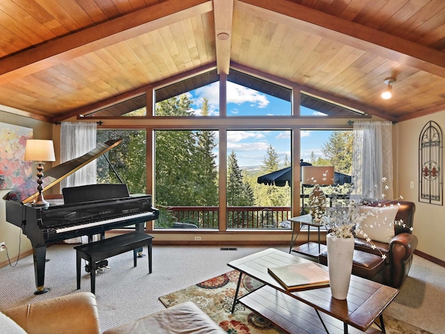 carpeted living area with baseboards, lofted ceiling with beams, wood ceiling, and visible vents