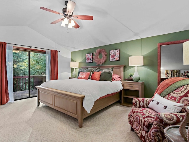 bedroom with access to outside, a ceiling fan, lofted ceiling, and light carpet