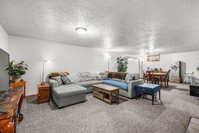 living area with carpet floors and a textured ceiling