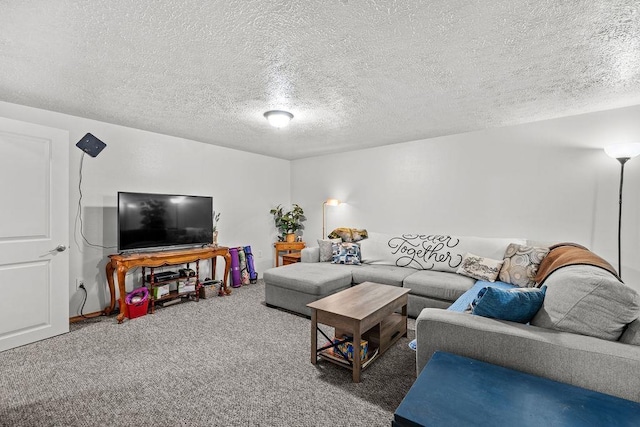 carpeted living area featuring a textured ceiling