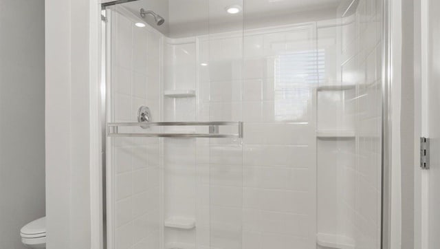full bathroom with toilet and a shower stall