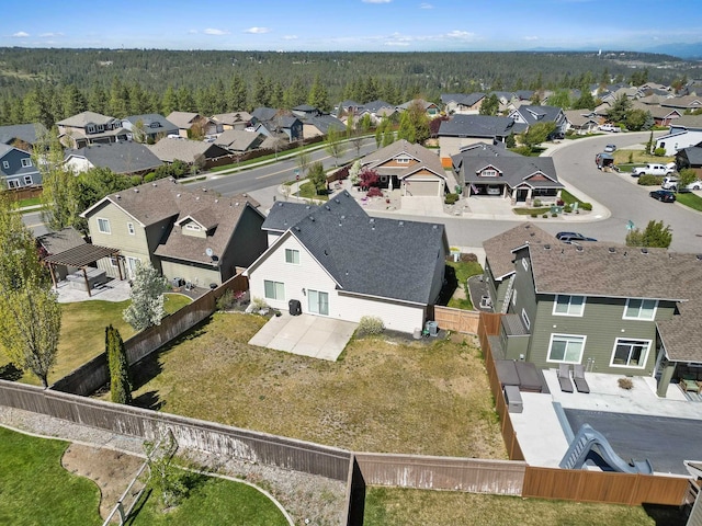 birds eye view of property featuring a view of trees and a residential view