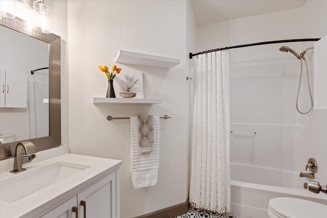 full bathroom with vanity, toilet, and shower / tub combo with curtain