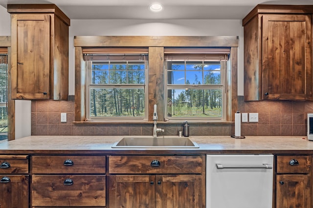 5034 Bittrich Antler Rd, Deer Park, WA 99006 - kitchen featuring a healthy amount of sunlight, a sink, dishwashing machine, and tasteful backsplash