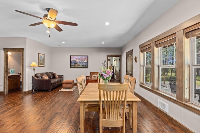 5034 Bittrich Antler Rd, Deer Park, WA 99006 - dining space with a ceiling fan, visible vents, recessed lighting, and dark wood-type flooring