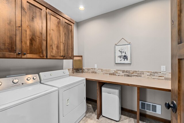 5034 Bittrich Antler Rd, Deer Park, WA 99006 - laundry room featuring visible vents, recessed lighting, cabinet space, and washer and dryer