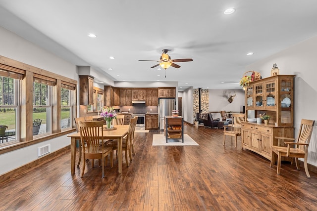 5034 Bittrich Antler Rd, Deer Park, WA 99006 - dining space featuring a ceiling fan, visible vents, baseboards, recessed lighting, and dark wood-type flooring