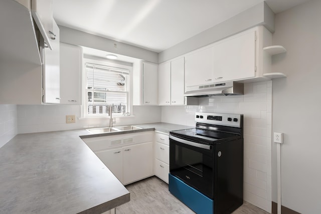 kitchen with a sink, tasteful backsplash, under cabinet range hood, and range with electric cooktop