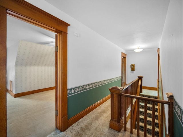 218 S Broadway St, Tekoa, WA 99033 - hall with an upstairs landing, carpet, and wallpapered walls