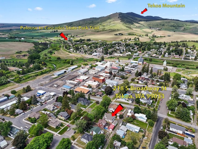 218 S Broadway St, Tekoa, WA 99033 - aerial view of property and surrounding area with nearby suburban area and a mountain backdrop