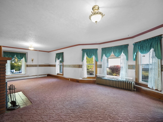 218 S Broadway St, Tekoa, WA 99033 - carpeted spare room with radiator, a baseboard radiator, crown molding, wainscoting, and a textured ceiling