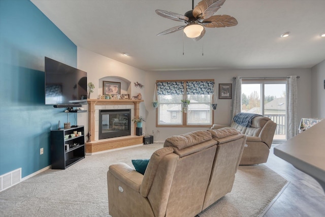 6805 Royal Ln, Spokane, WA 99208 - living room featuring plenty of natural light, a tile fireplace, ceiling fan, baseboards, and recessed lighting