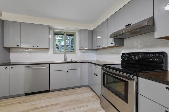 kitchen featuring a sink, dark countertops, exhaust hood, and stainless steel appliances