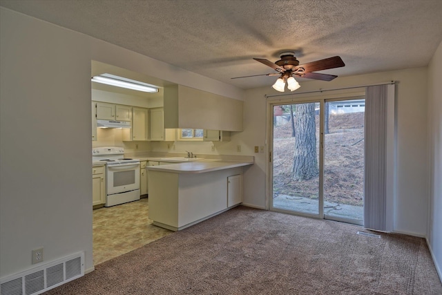 2514 E Casper Dr, Spokane, WA 99223 - kitchen featuring a ceiling fan, white electric stove, a peninsula, light carpet, and under cabinet range hood