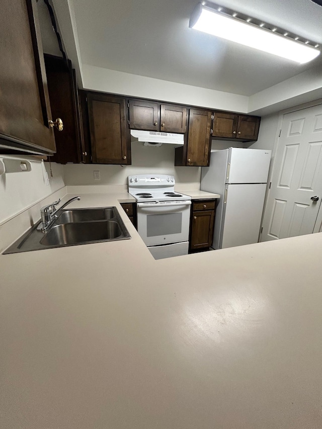 2514 E Casper Dr, Spokane, WA 99223 - kitchen with dark brown cabinetry, a sink, light countertops, under cabinet range hood, and white appliances