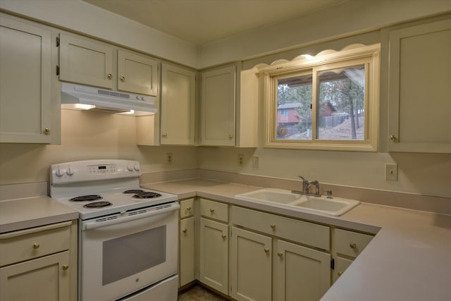2514 E Casper Dr, Spokane, WA 99223 - kitchen featuring under cabinet range hood, light countertops, a sink, and electric stove