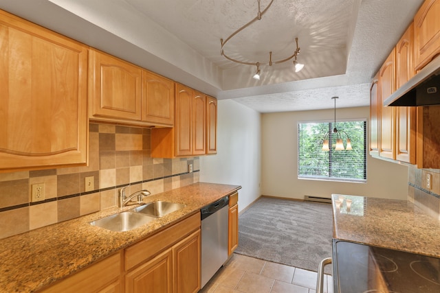 kitchen with a baseboard radiator, light colored carpet, a textured ceiling, a sink, and dishwasher