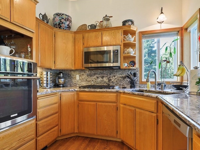 kitchen featuring tasteful backsplash, open shelves, wood finished floors, a sink, and stainless steel appliances