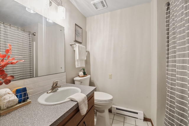 full bath featuring tile patterned flooring, visible vents, toilet, tasteful backsplash, and a baseboard radiator
