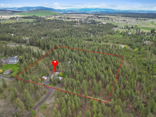 bird's eye view with a mountain view and a wooded view