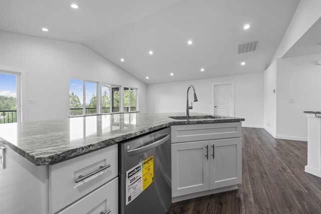 kitchen featuring a sink, stone countertops, dark wood-type flooring, stainless steel dishwasher, and visible vents