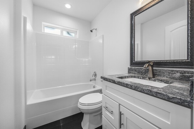 full bath with shower / bath combination, tile patterned flooring, vanity, toilet, and recessed lighting