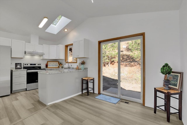 129 E Wynot Dr, Nine Mile Falls, WA 99026 - kitchen featuring a sink, light wood finished floors, lofted ceiling with skylight, under cabinet range hood, and stainless steel appliances