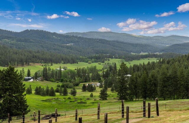 property view of mountains featuring a rural view and a wooded view